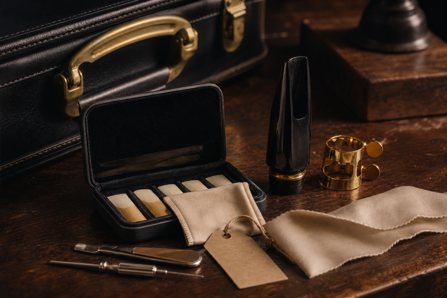 A refined still life of saxophone accessories on a dark timber atelier bench