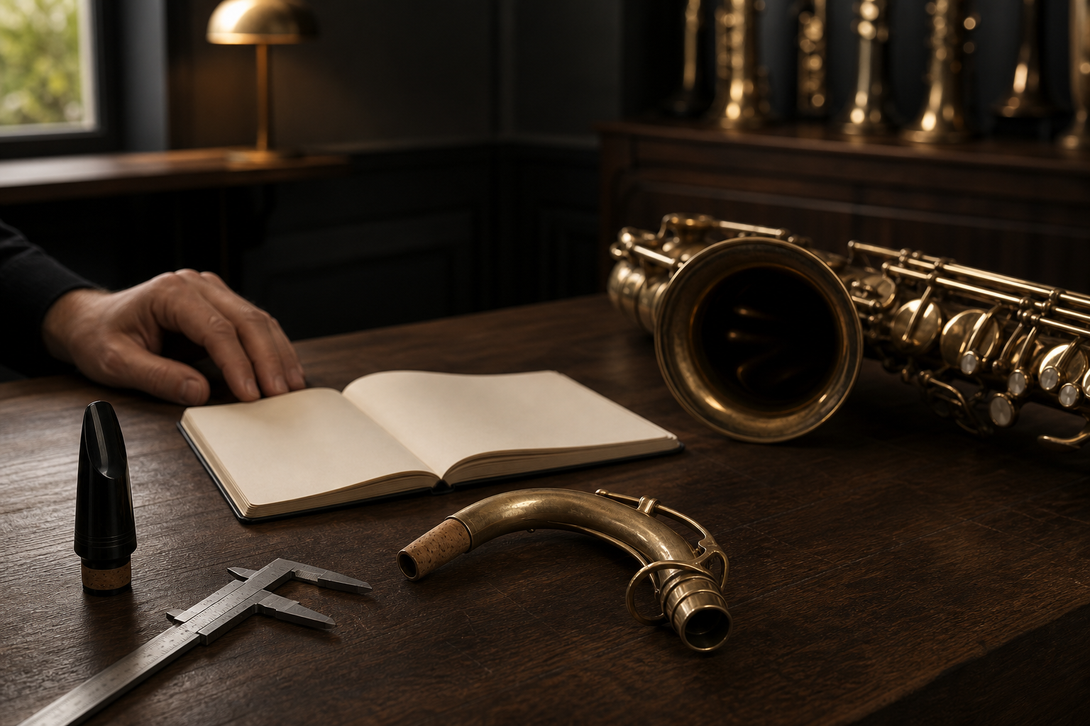 A saxophone neck, notebook and fitting tools on a specialist consultation table