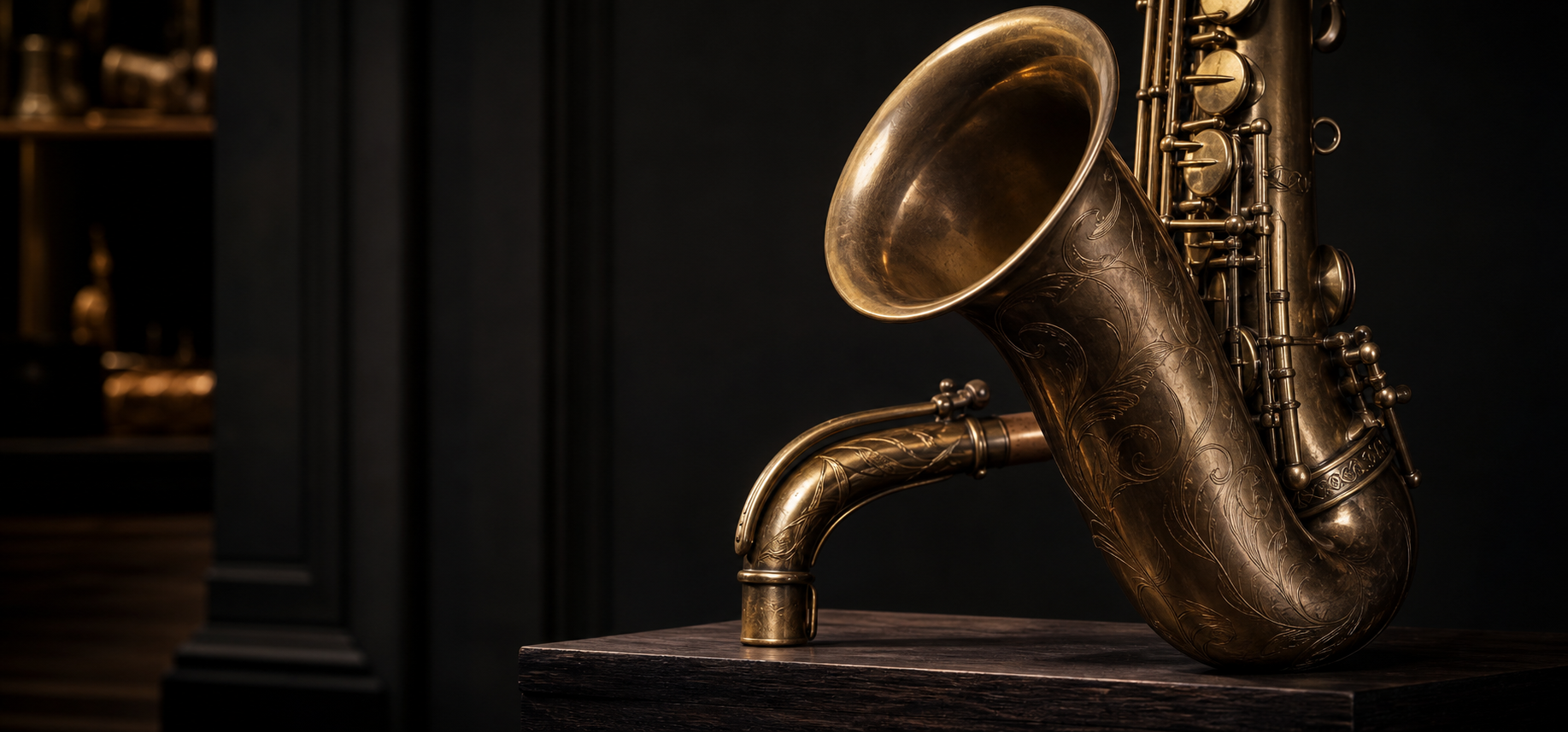 Engraved handmade saxophone bell and neck in warm gallery light