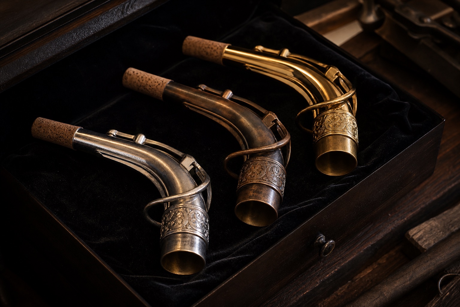 Three handmade saxophone necks arranged like fine metalwork on a dark atelier bench
