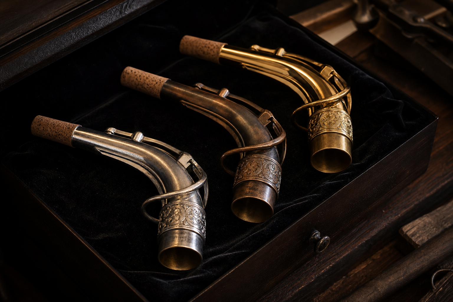 Three handmade saxophone necks arranged like fine metalwork on a dark atelier bench