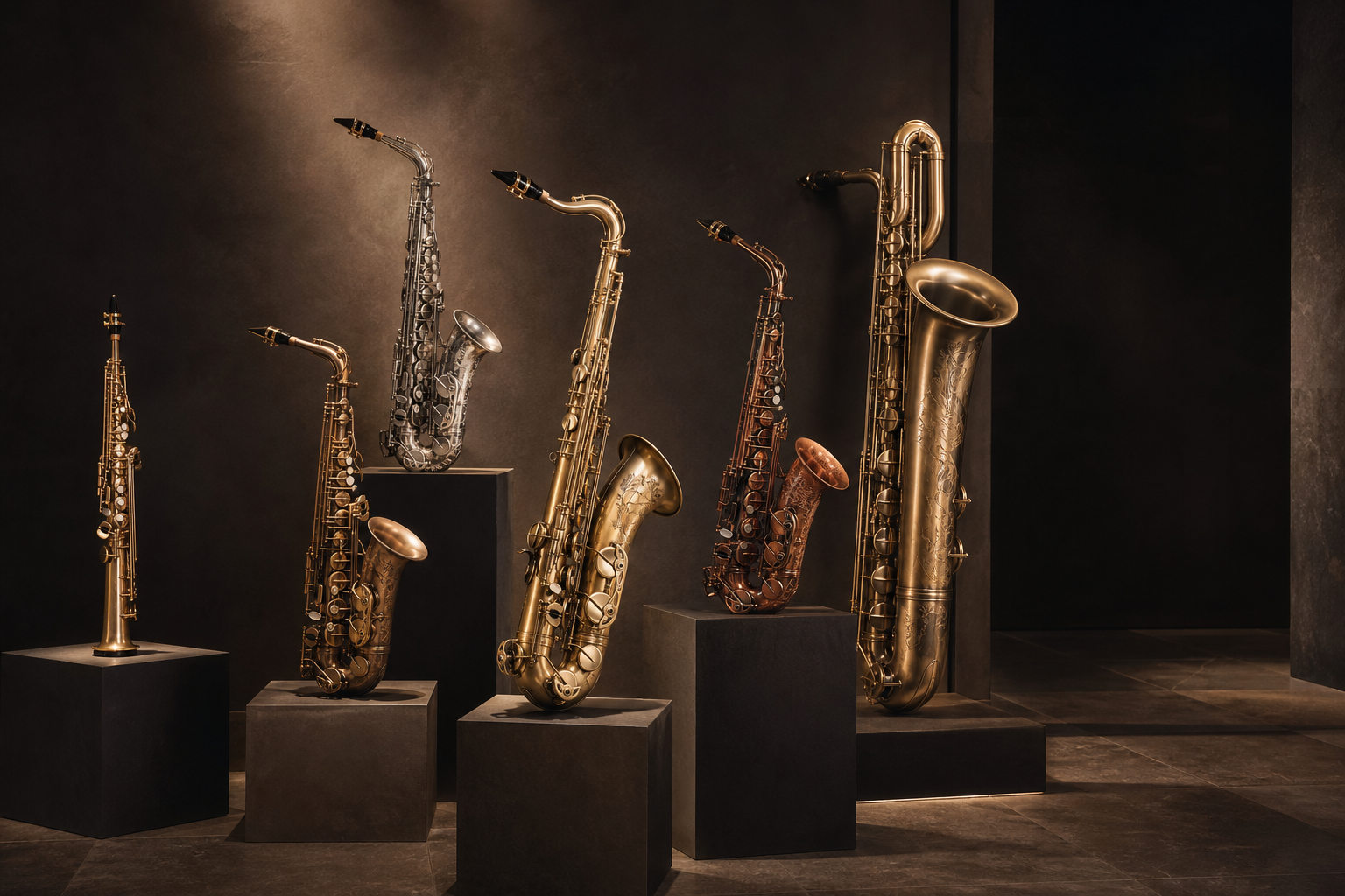 A family of handmade saxophones arranged as sculptural objects in a dark gallery