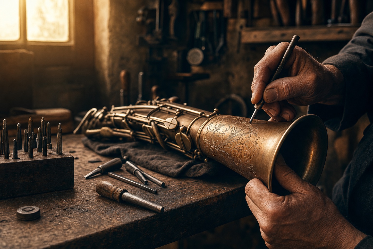Hands engraving a saxophone bell in a warm Italian workshop