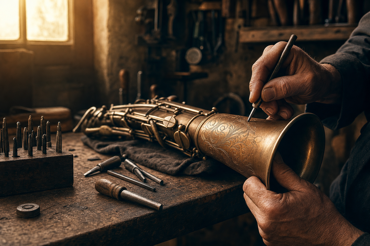Hands engraving a saxophone bell in a warm Italian workshop